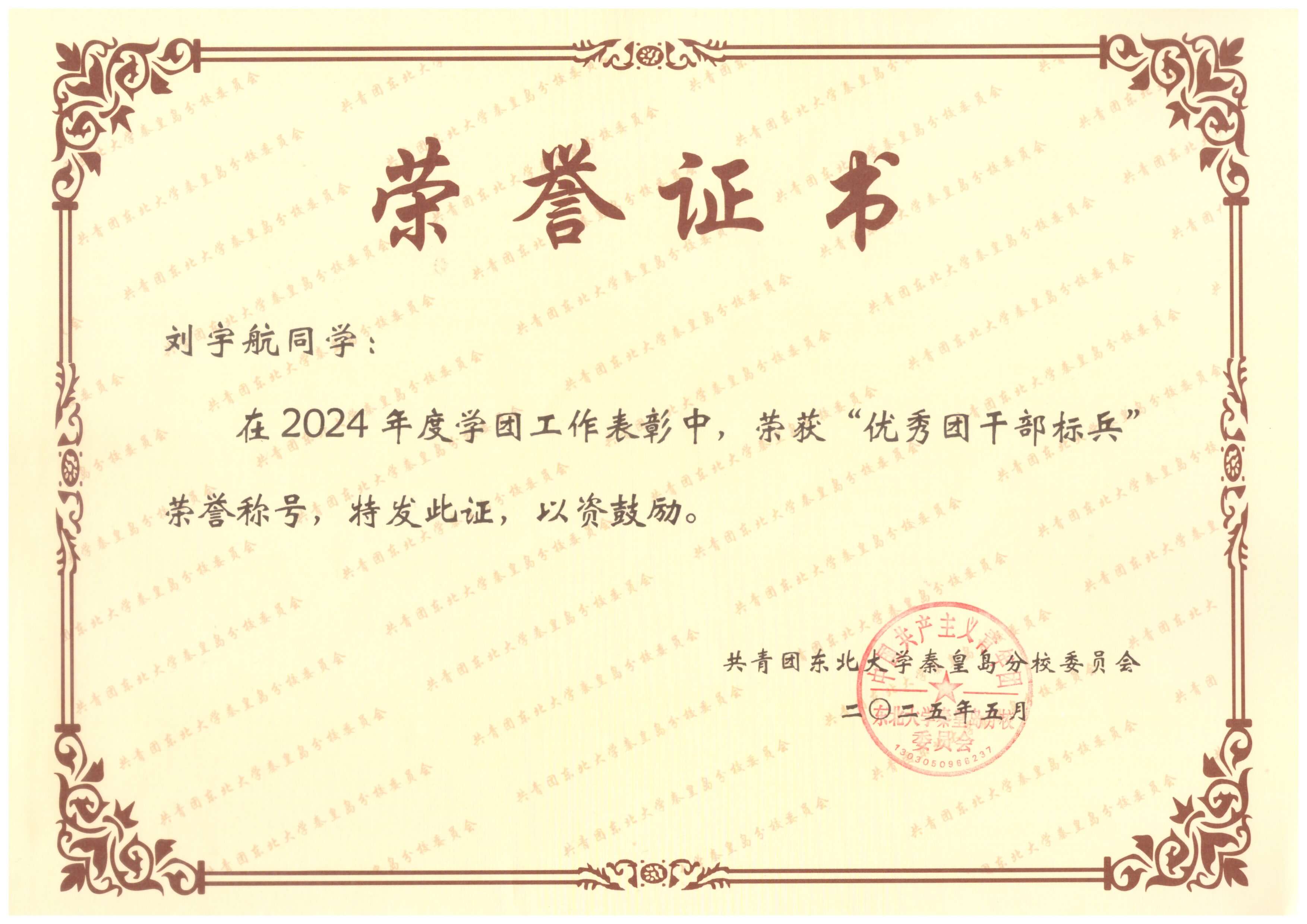 优秀团干部标兵证书
